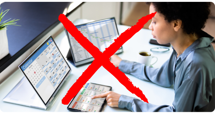 Top mistakes managers make A red X overlaying a messy work schedule to illustrate common rostering mistakes.