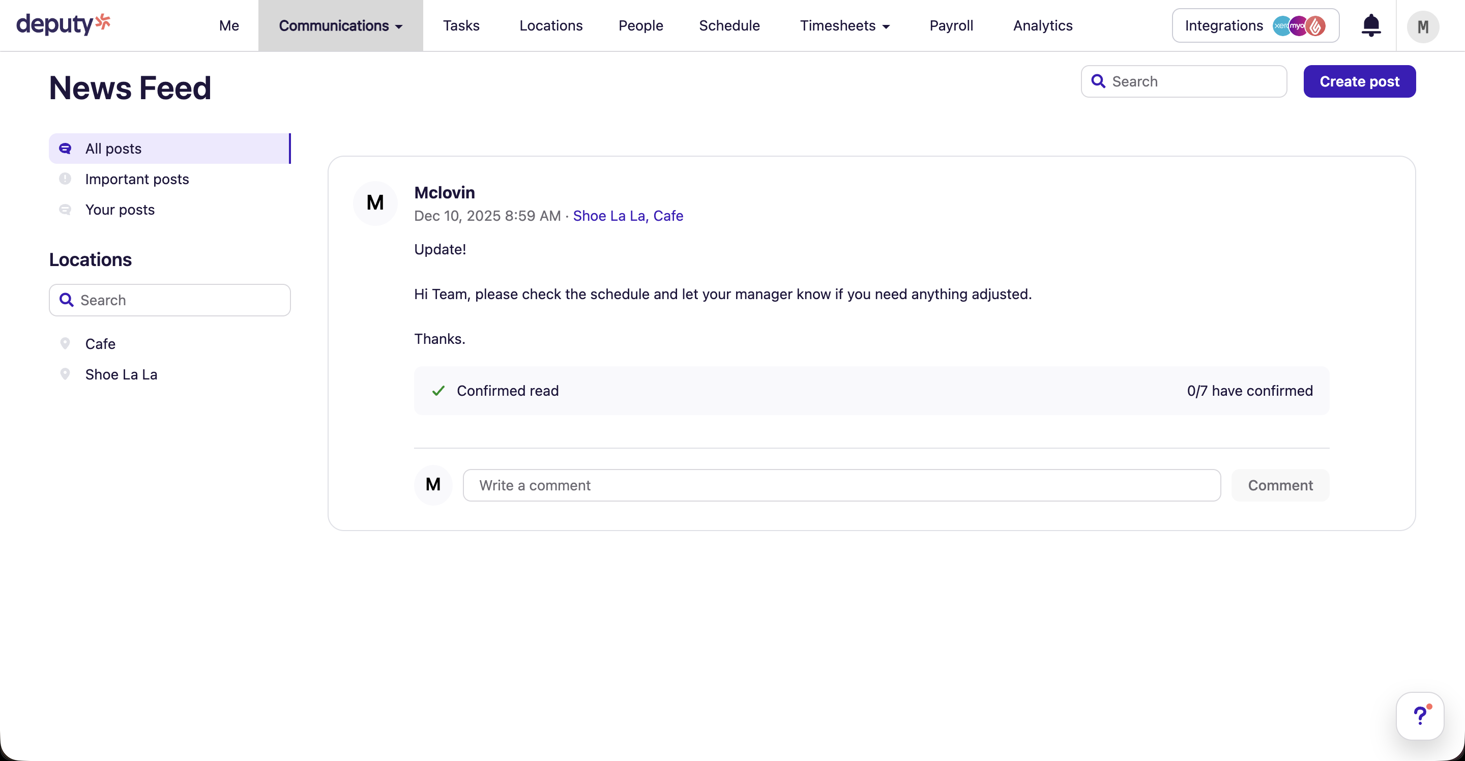 Deputy team messaging interface Deputy team messaging screen with group and direct chats