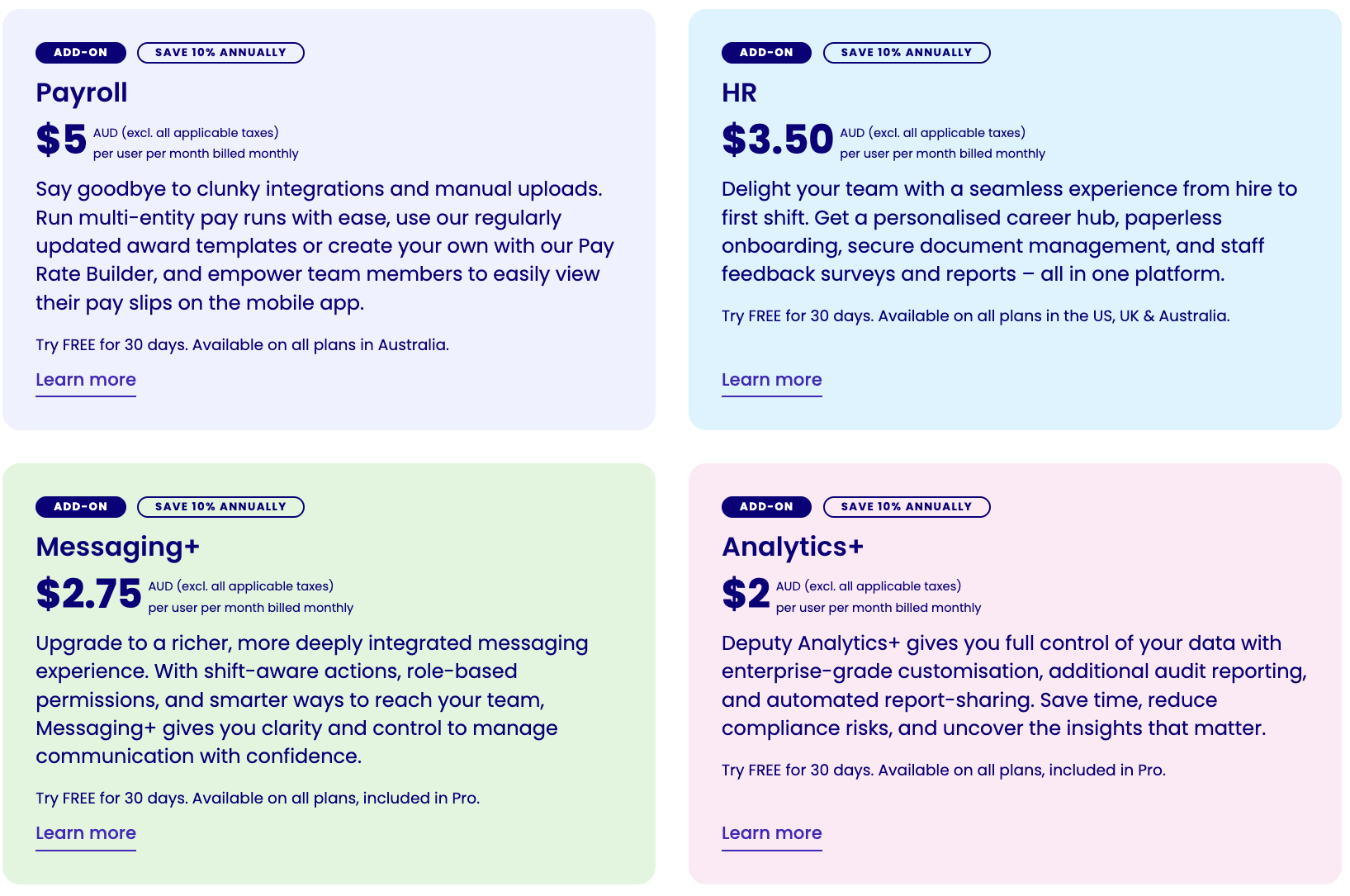 Deputy Add-ons - Payroll $5, HR $3.50, Messaging+ $2.75, Analytics+ $2