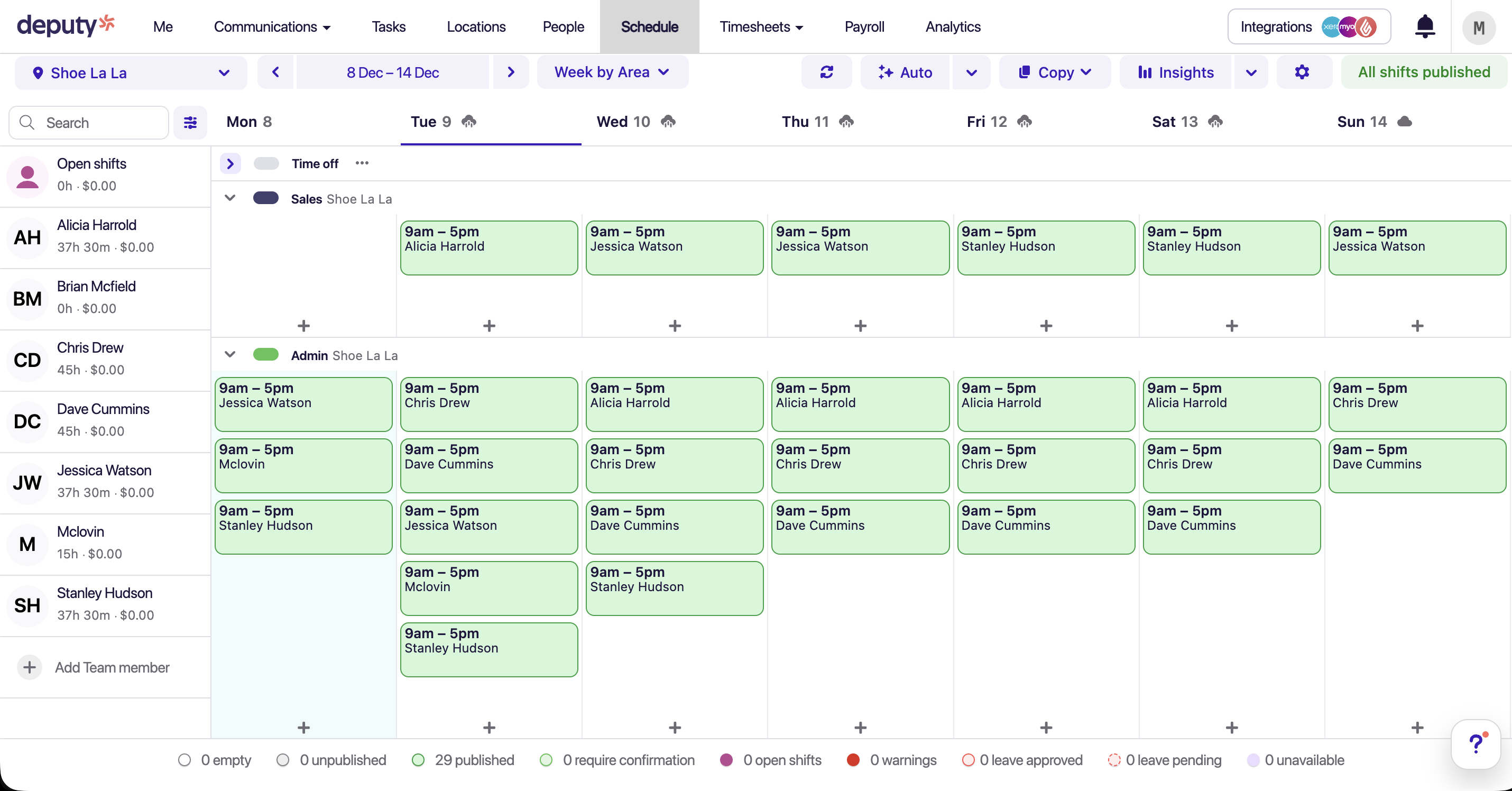 Deputy weekly schedule view Weekly schedule view in Deputy showing staff shifts