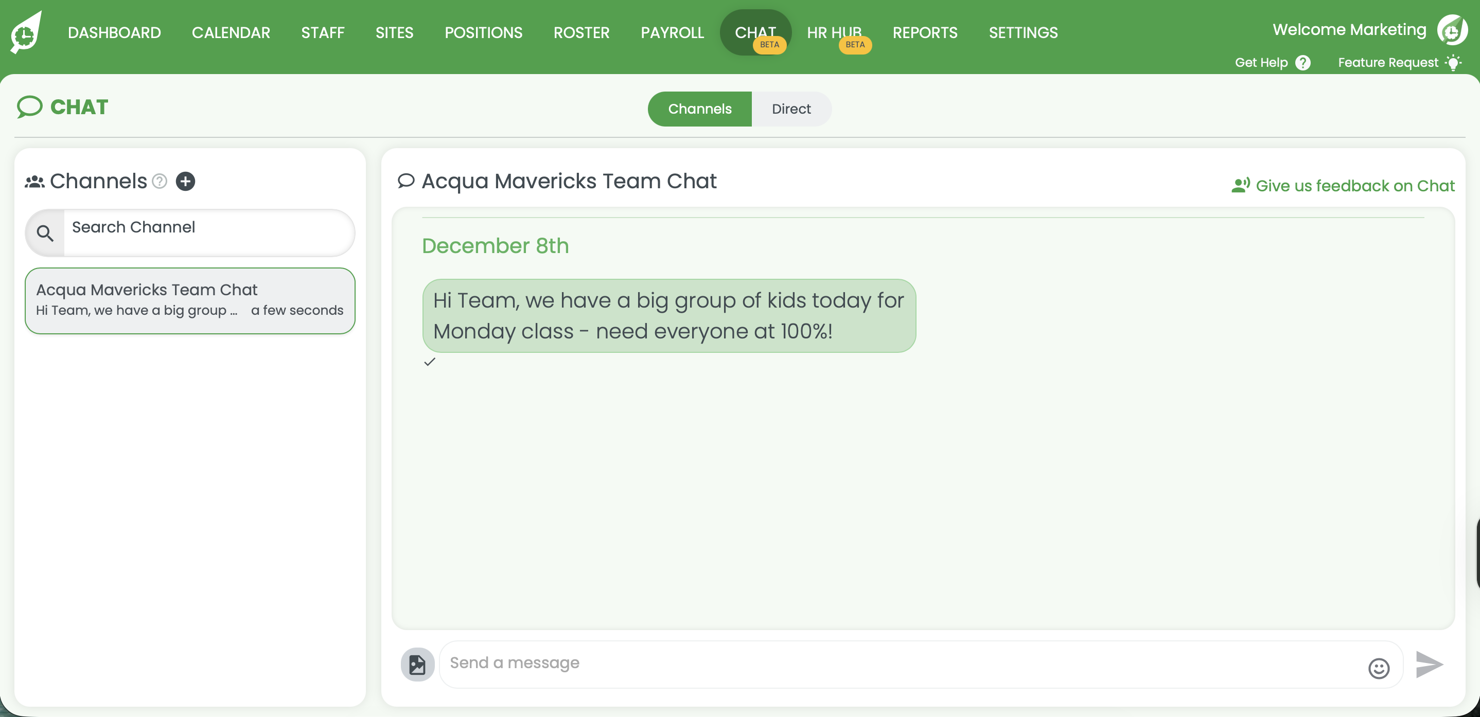 RosterElf chat interface RosterElf chat interface showing group and direct messages