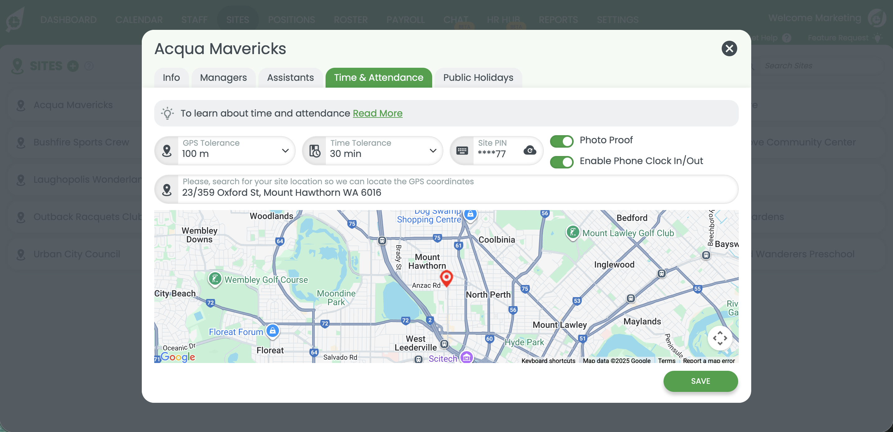 RosterElf custom geo-pin RosterElf map view for custom clock-in geo-pin placement