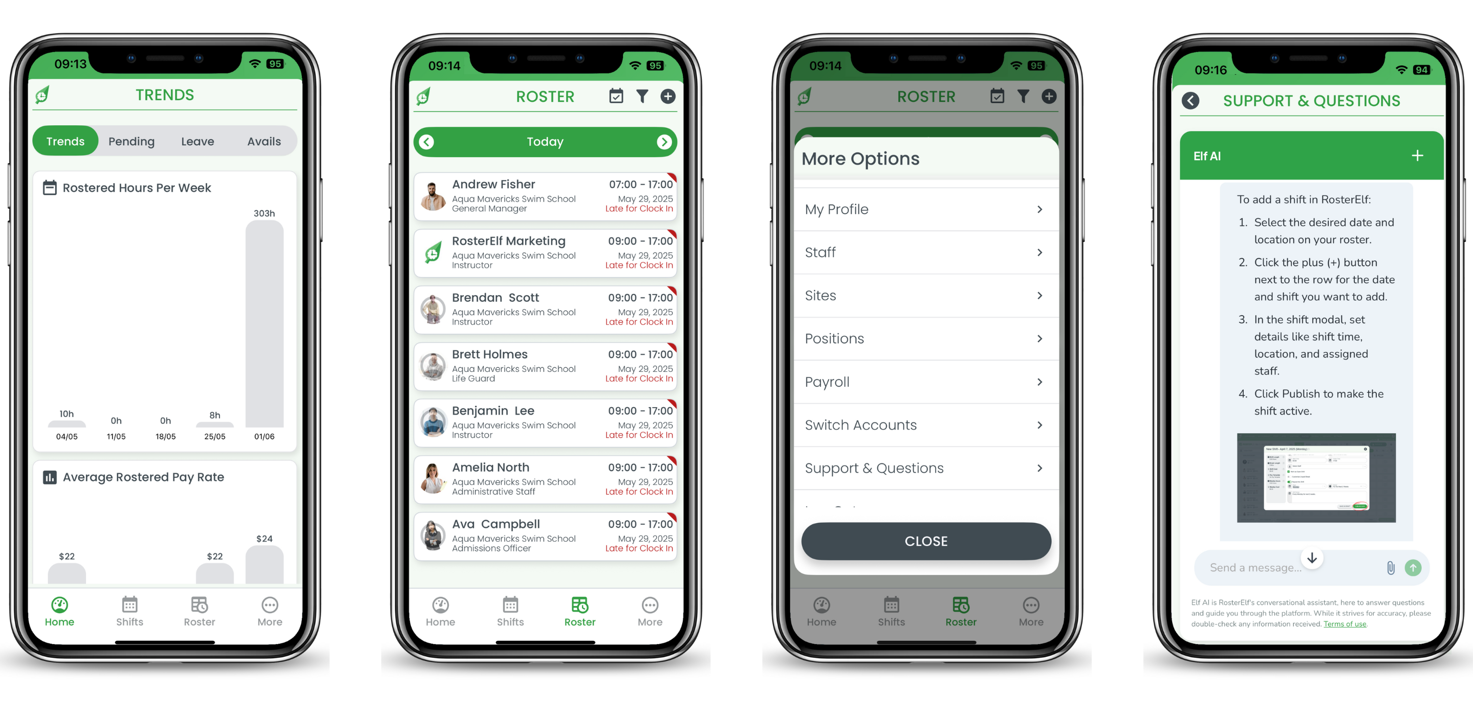 RosterElf mobile manager features RosterElf app screens with manager tools and WorkWise AI
