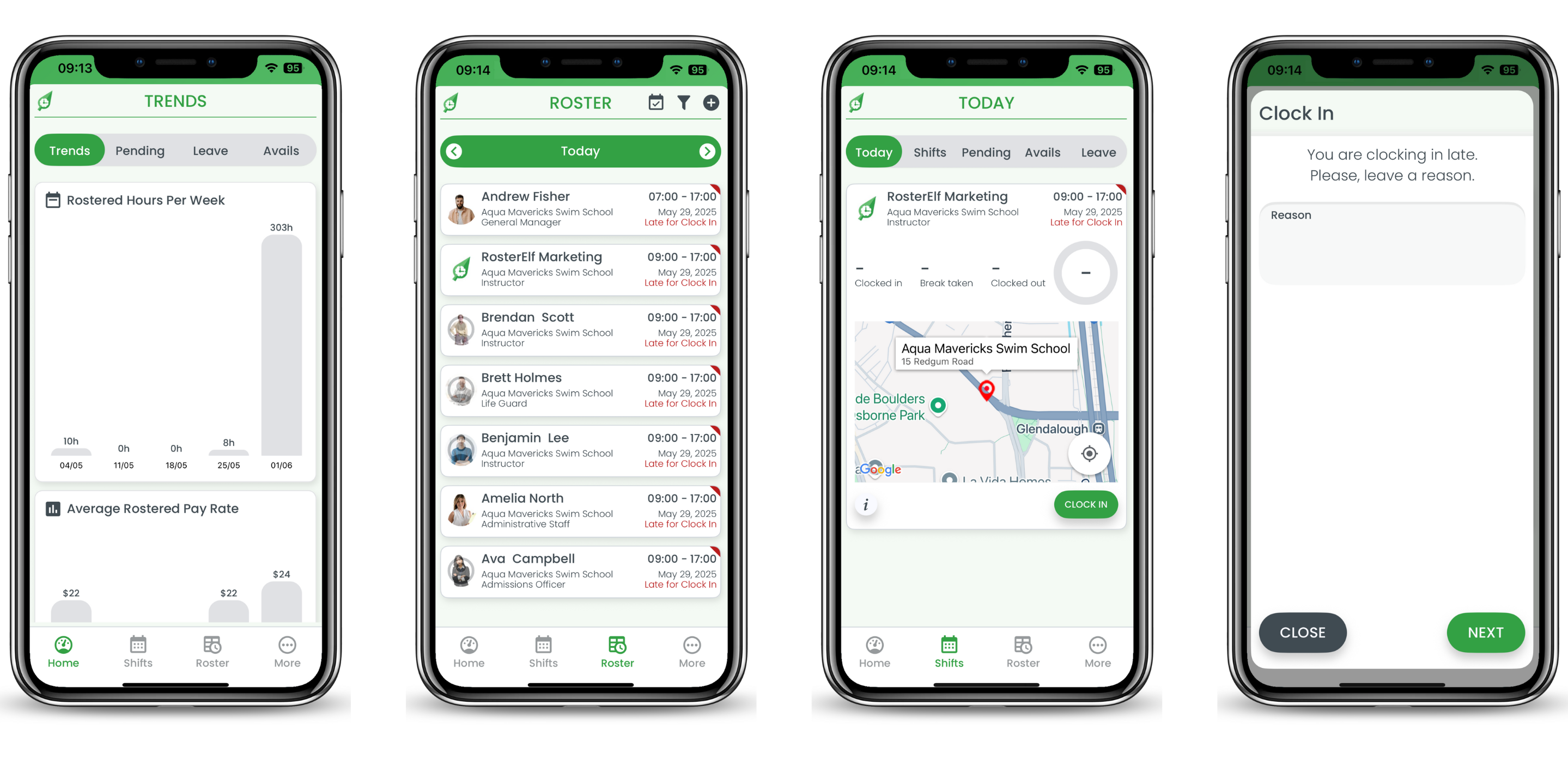 RosterElf mobile app RosterElf mobile app showing roster and GPS clock-in