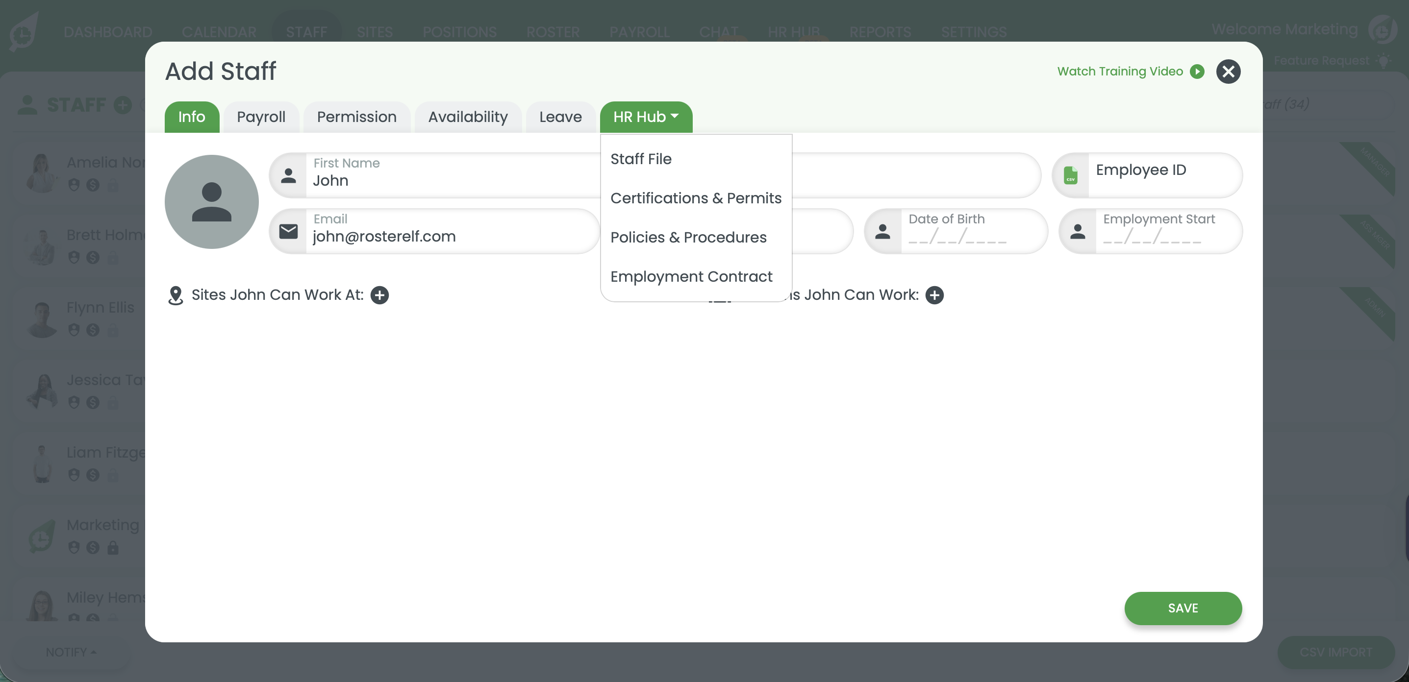 RosterElf onboarding workflow RosterElf onboarding screen with digital contracts and policies