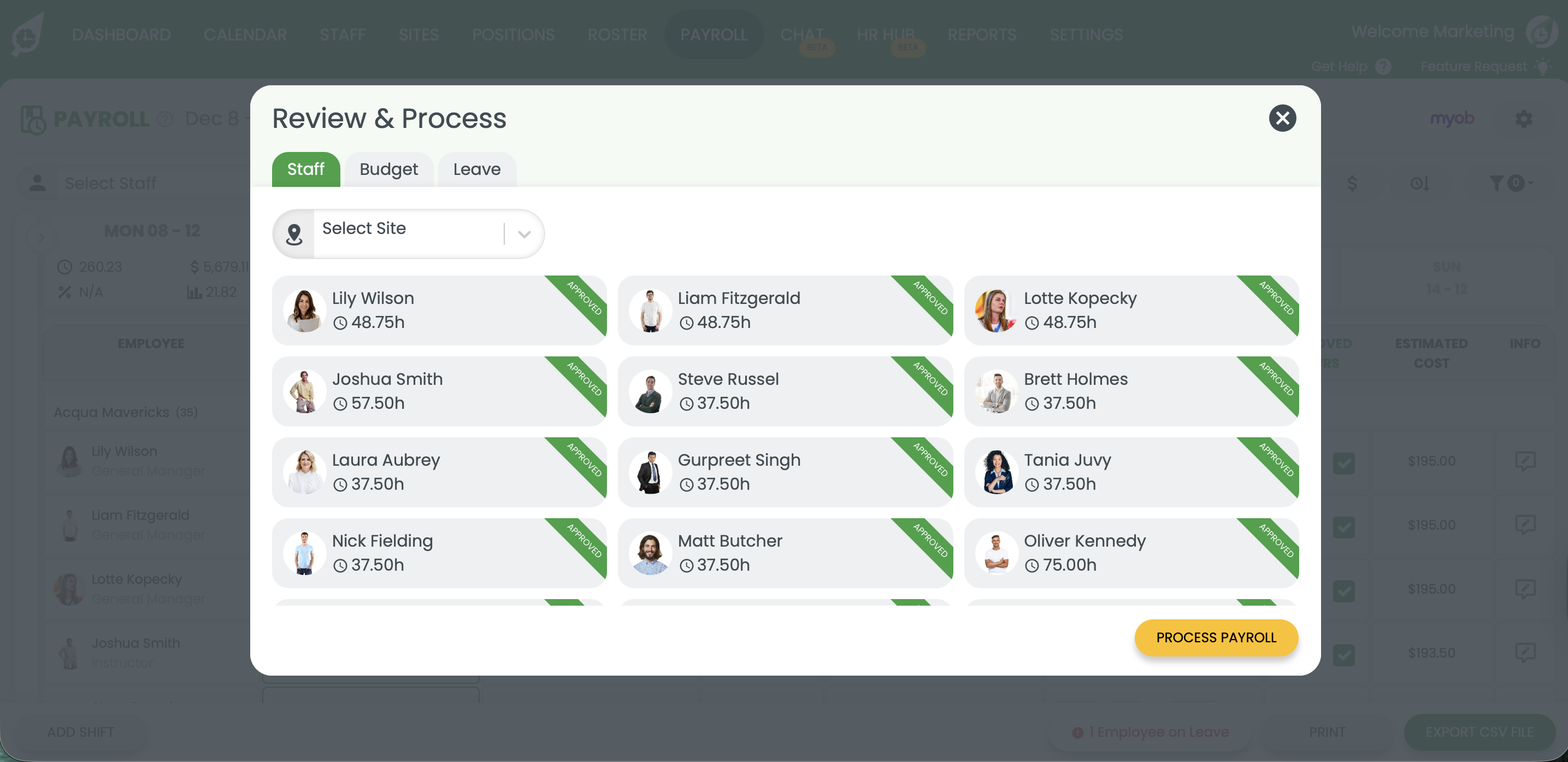 RosterElf payroll export RosterElf payroll dashboard with ready-for-payroll export to Xero