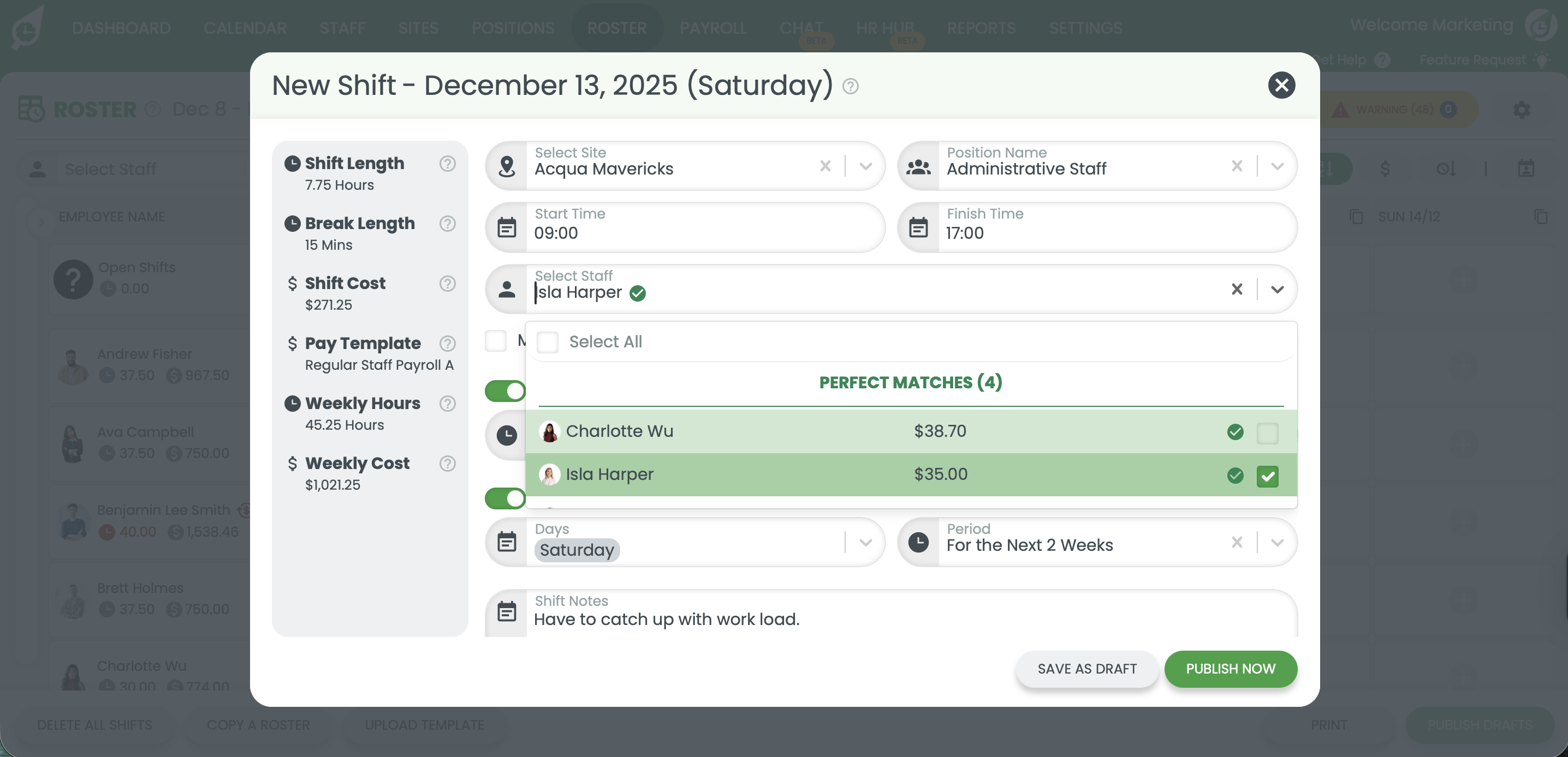 RosterElf Perfect Match recommendations RosterElf Perfect Match showing recommended staff for a shift