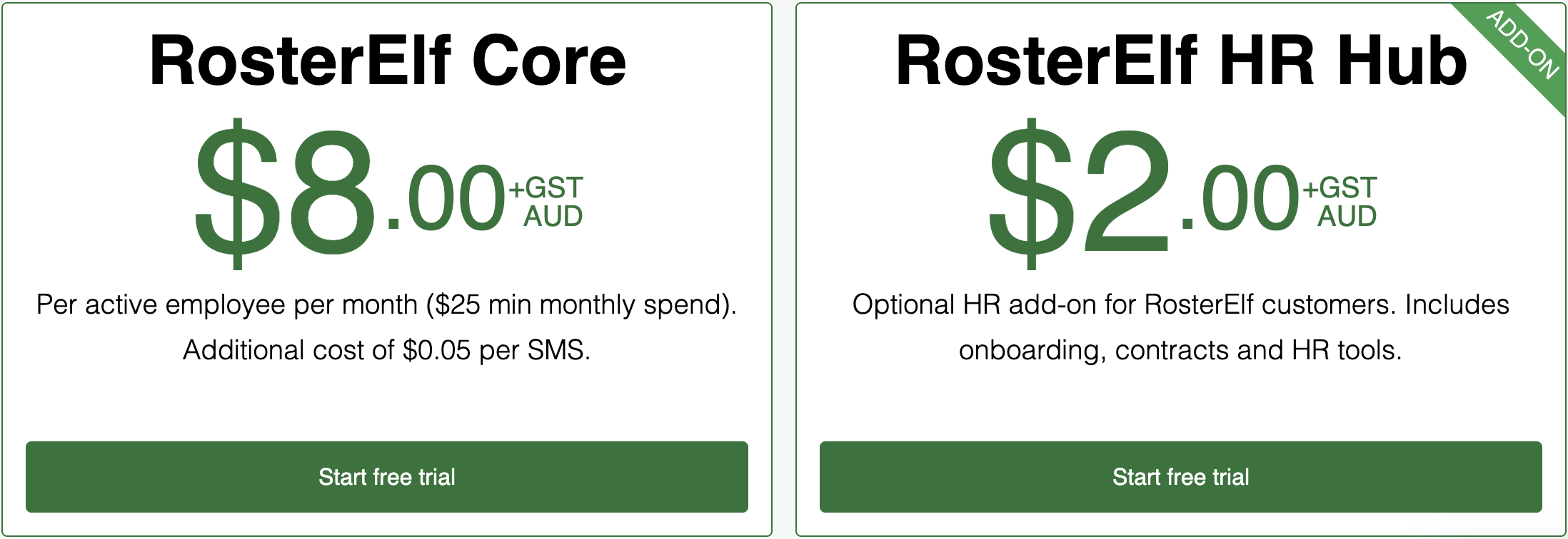 RosterElf Pricing - Core $8.00 and HR Hub $2.00 per active employee per month