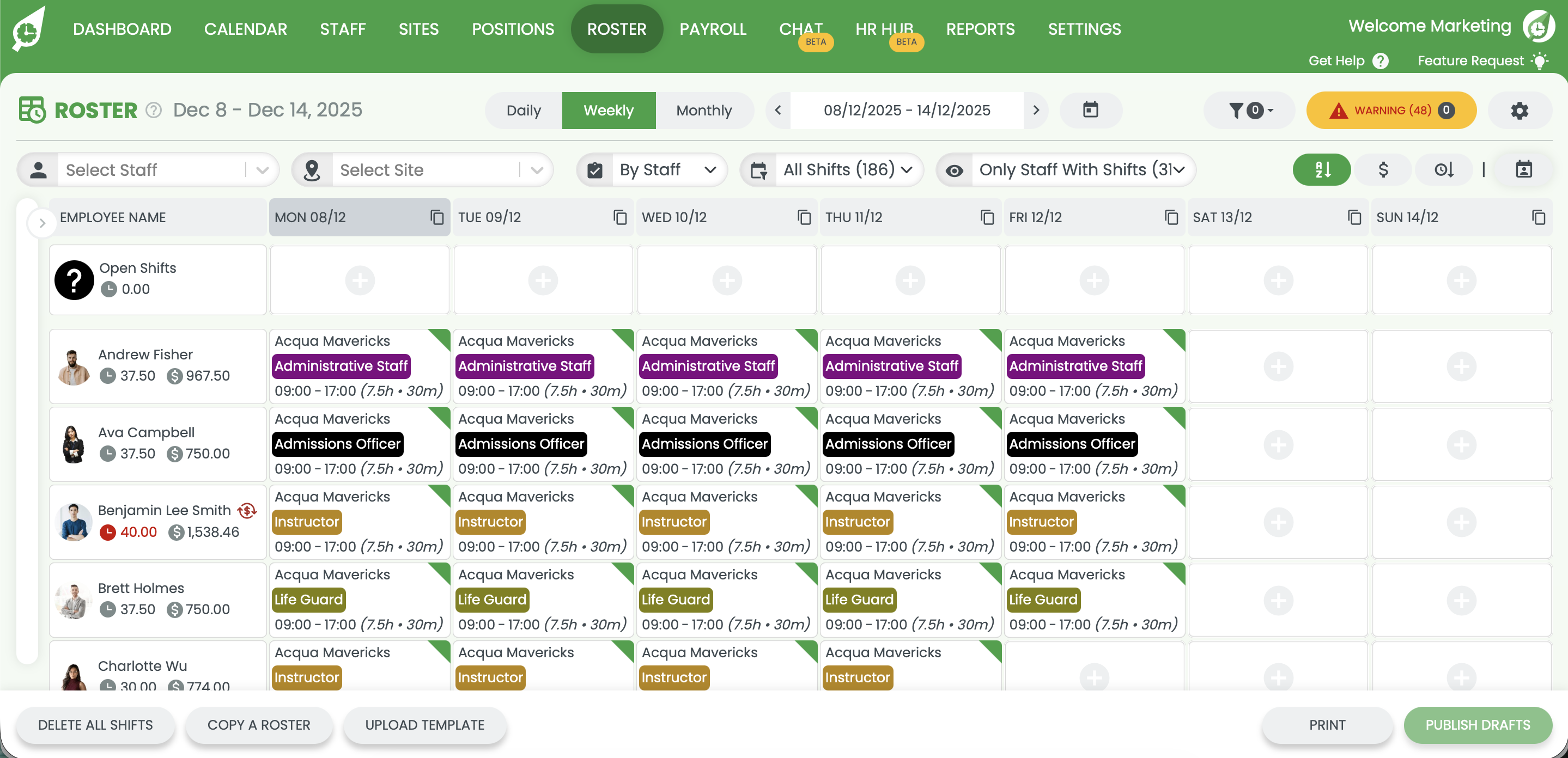 RosterElf weekly roster view RosterElf weekly roster view with colour-coded staff shifts