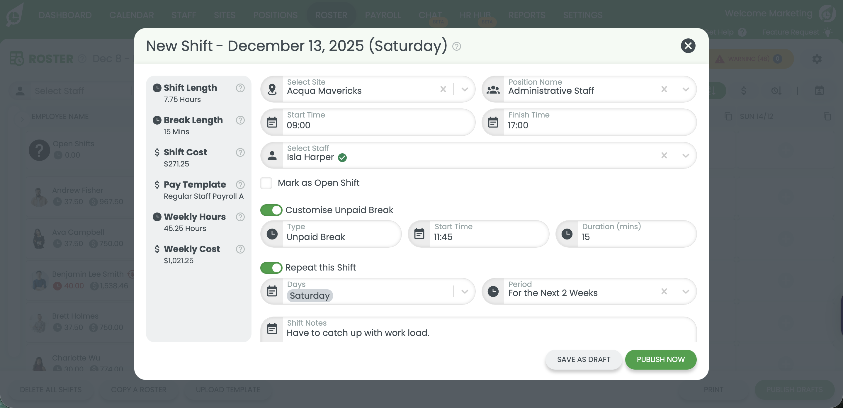 RosterElf shift creation modal RosterElf shift creation screen with cost and staff suggestions
