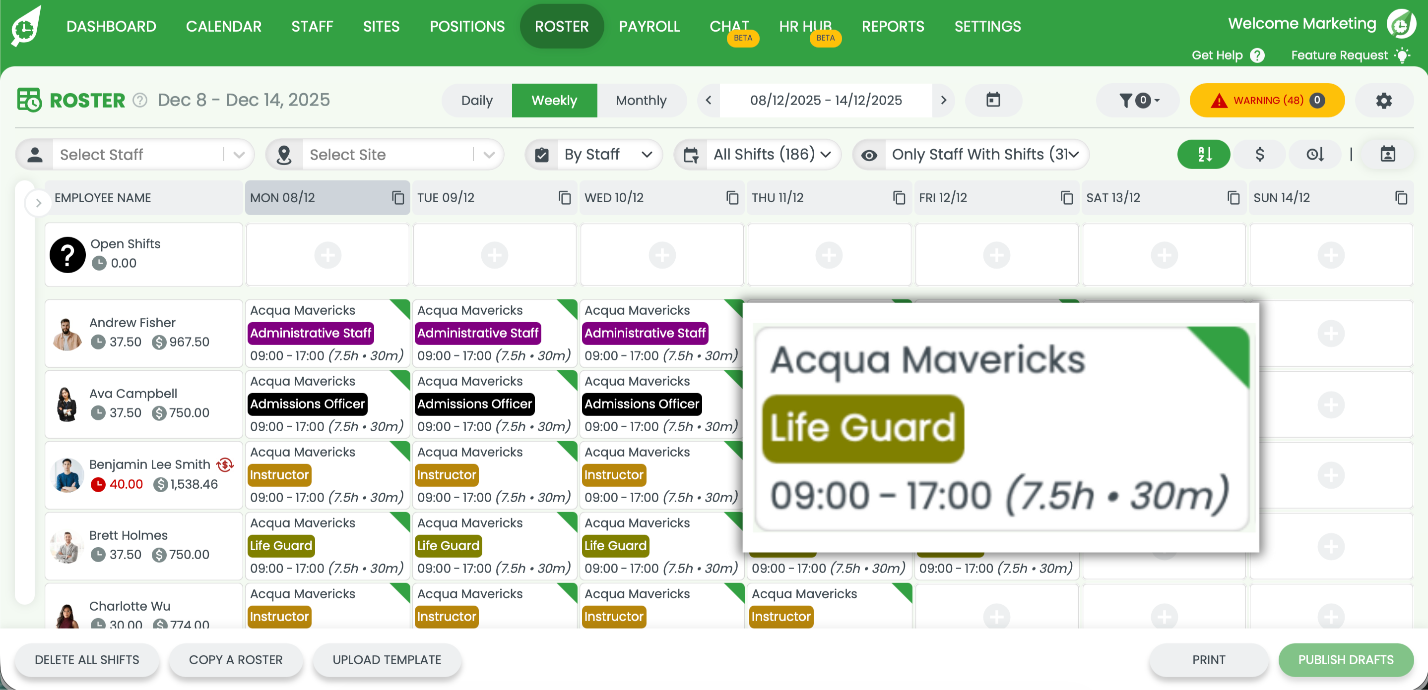 RosterElf shift information density RosterElf shift tile with site, role, time and break details