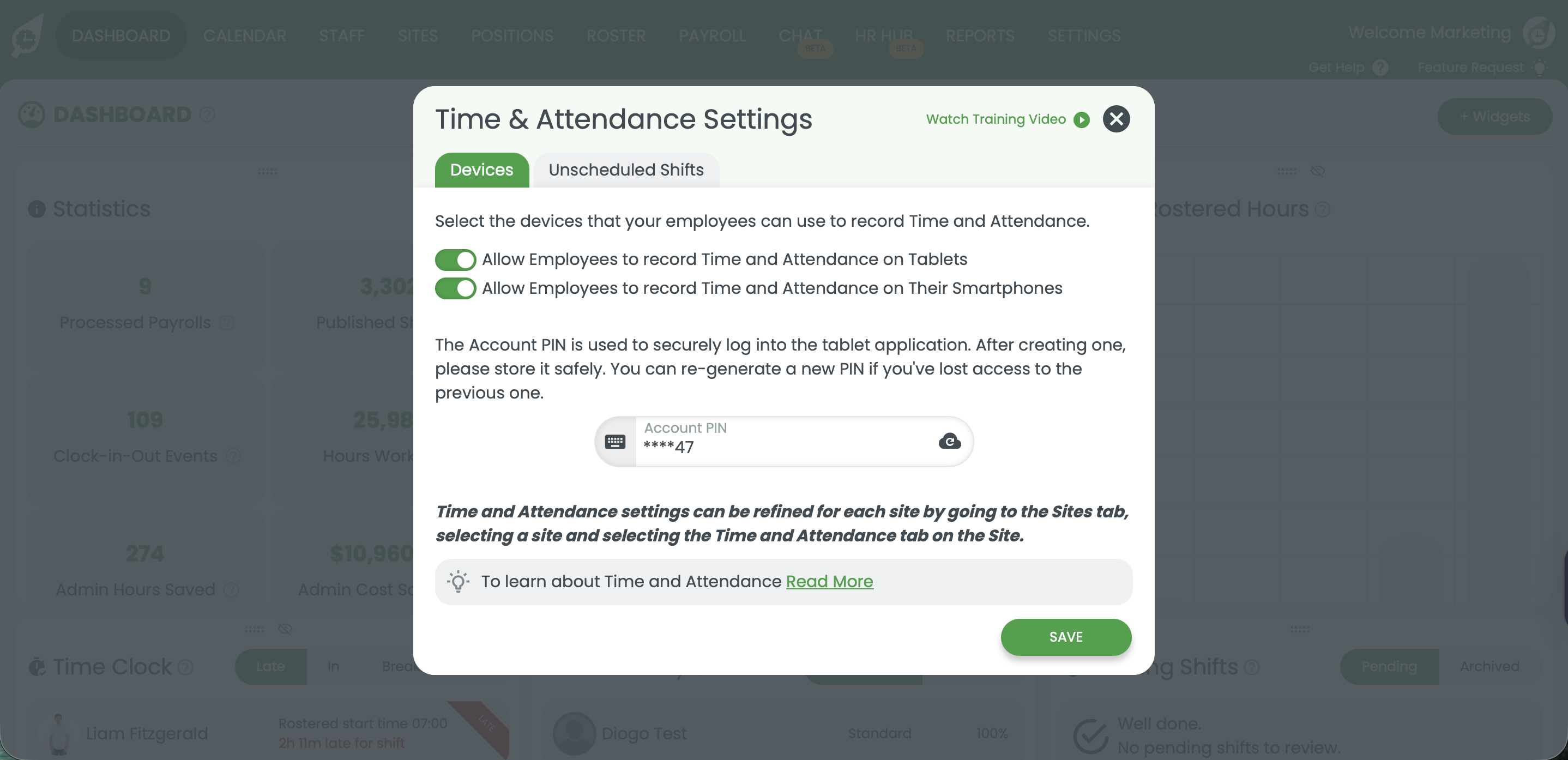 RosterElf time and attendance options RosterElf time and attendance settings for each site